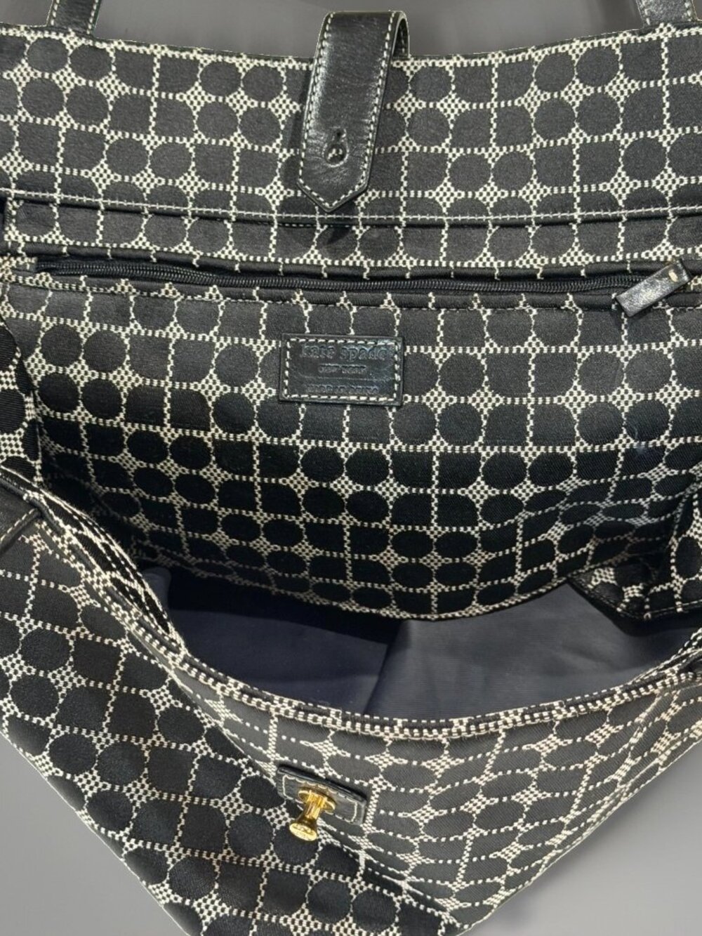 Kate Spade New York Black Beige Geometric Jacquard Classic Print Large Tote Bag - Picture 13 of 16